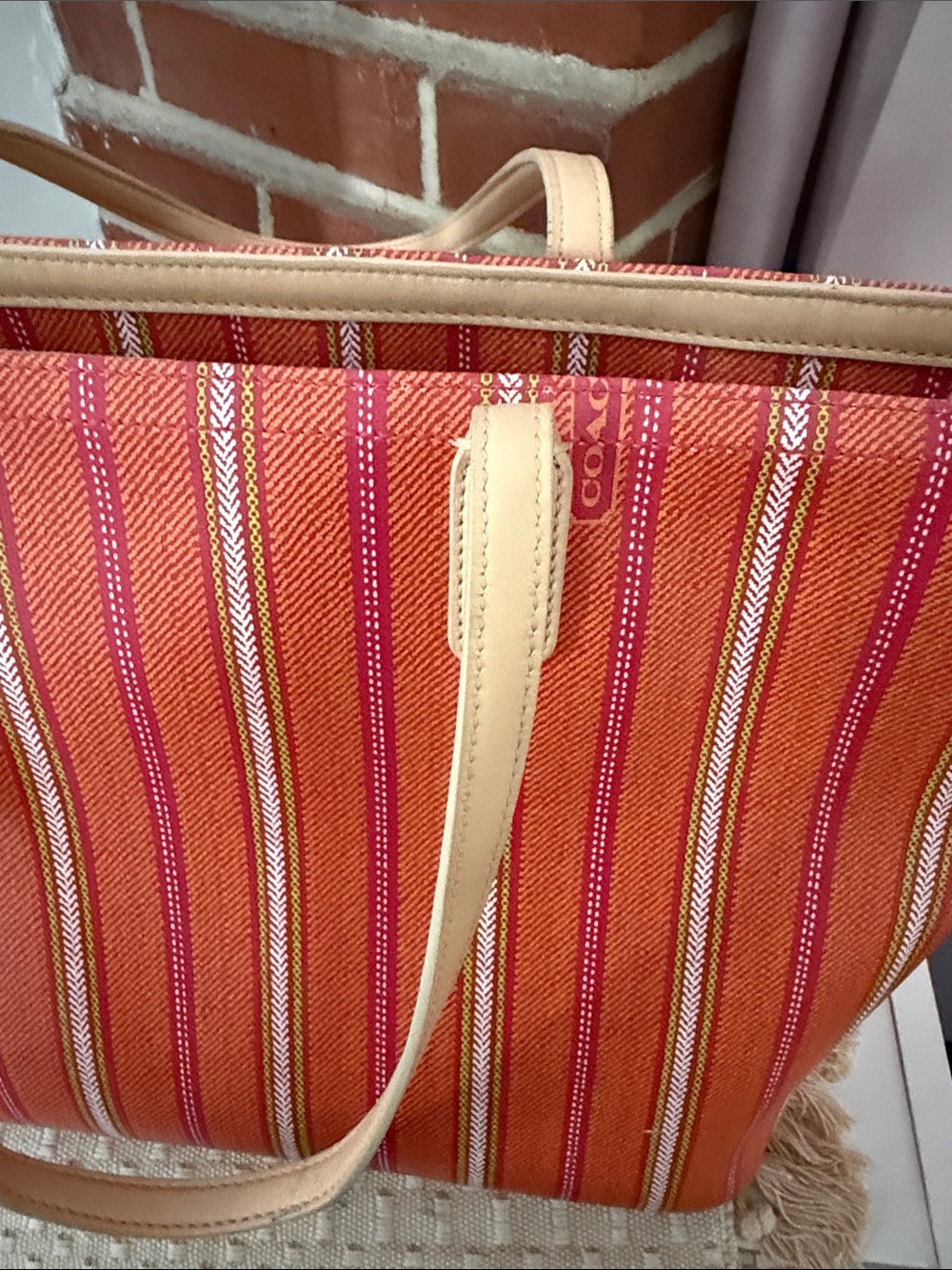 Coach Pink and Orange Striped Canvas Tote with Tan Leather Handles - Picture 4 of 8